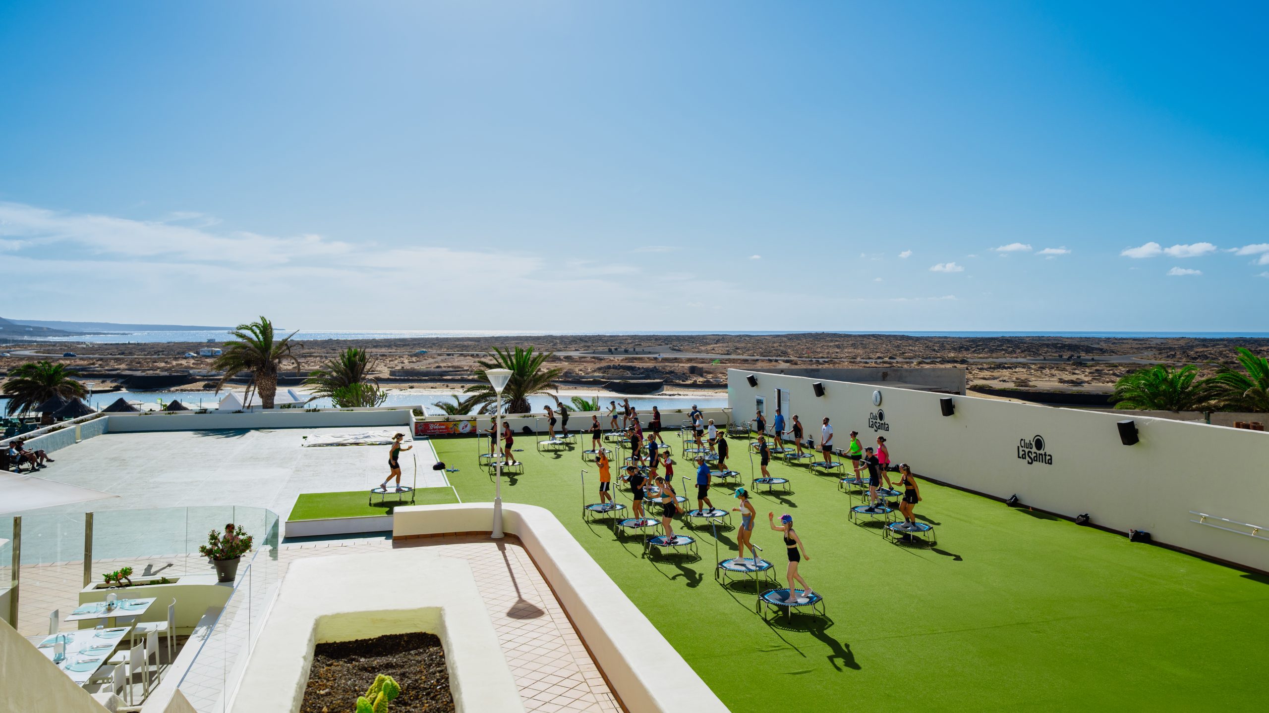 Aerial shot of a trampoline class at Club La Santa