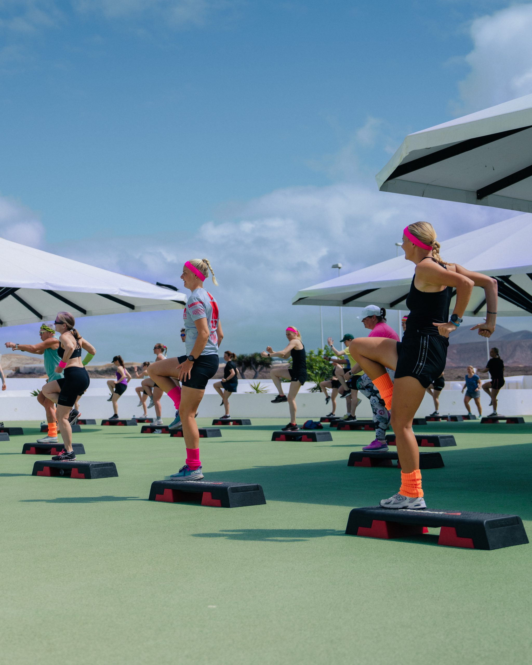 A group taking part in step aerobics at Club La Santa