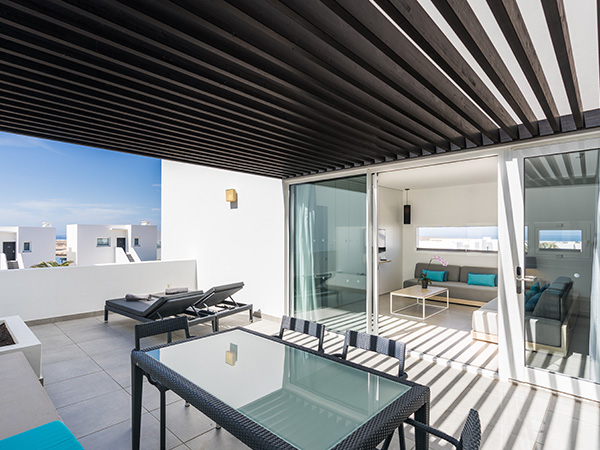An outdoor terrace with 2 sunloungers and a dining table.