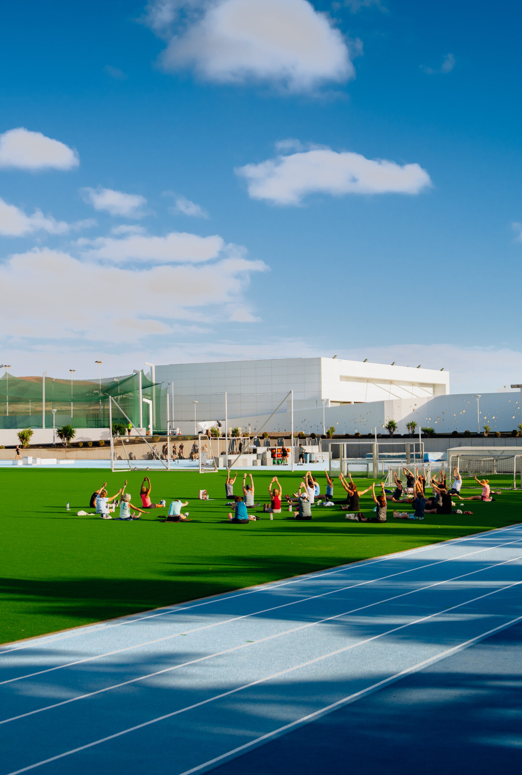 People taking part in stretch and mobility at Club La Santa