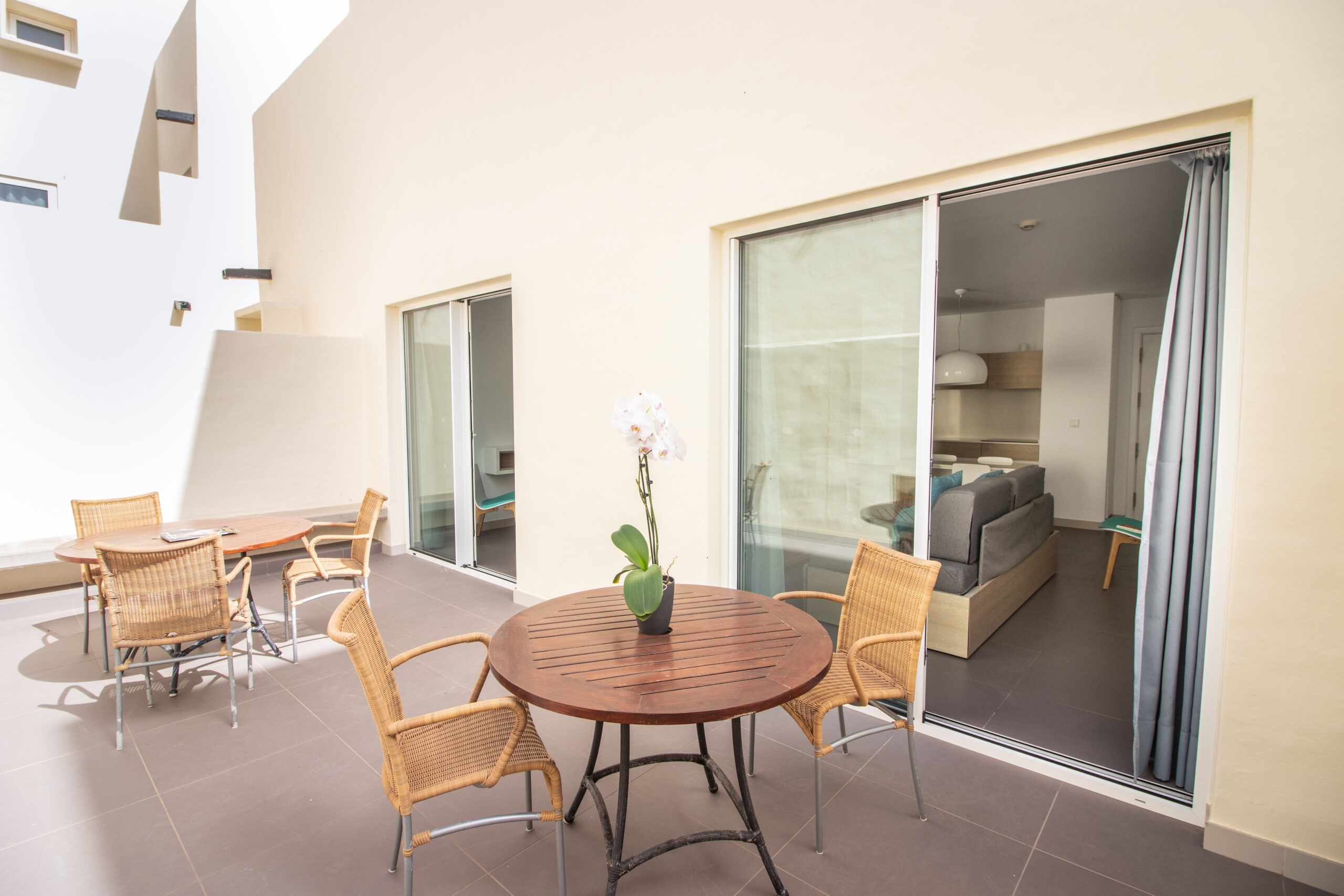 The terrace of the comfort 2 bedroom 2 bathroom apartment at Club La Santa.