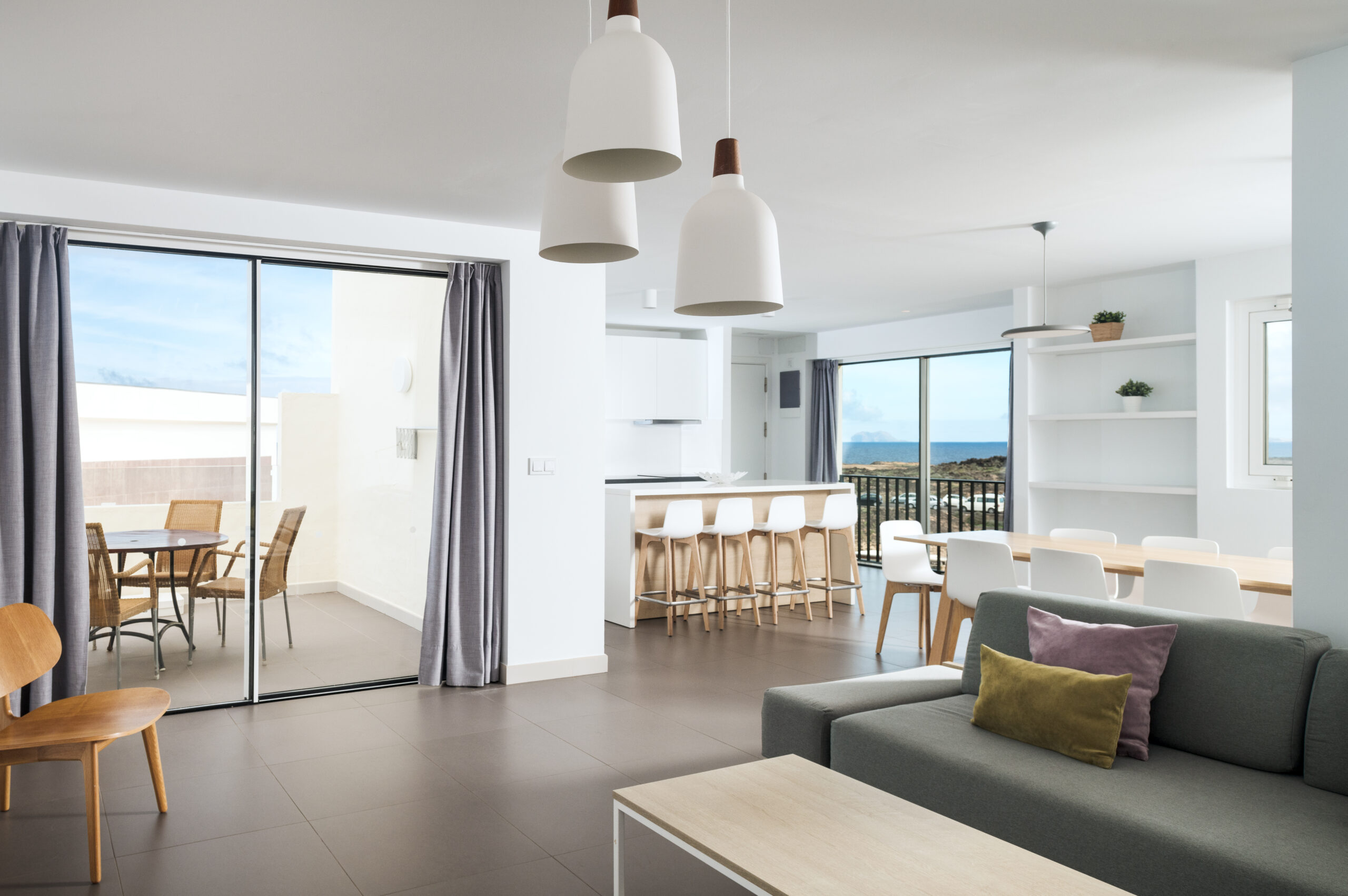 The living room/kitchen of the 4 bedroom 2 bathroom penthouse at Club La Santa.