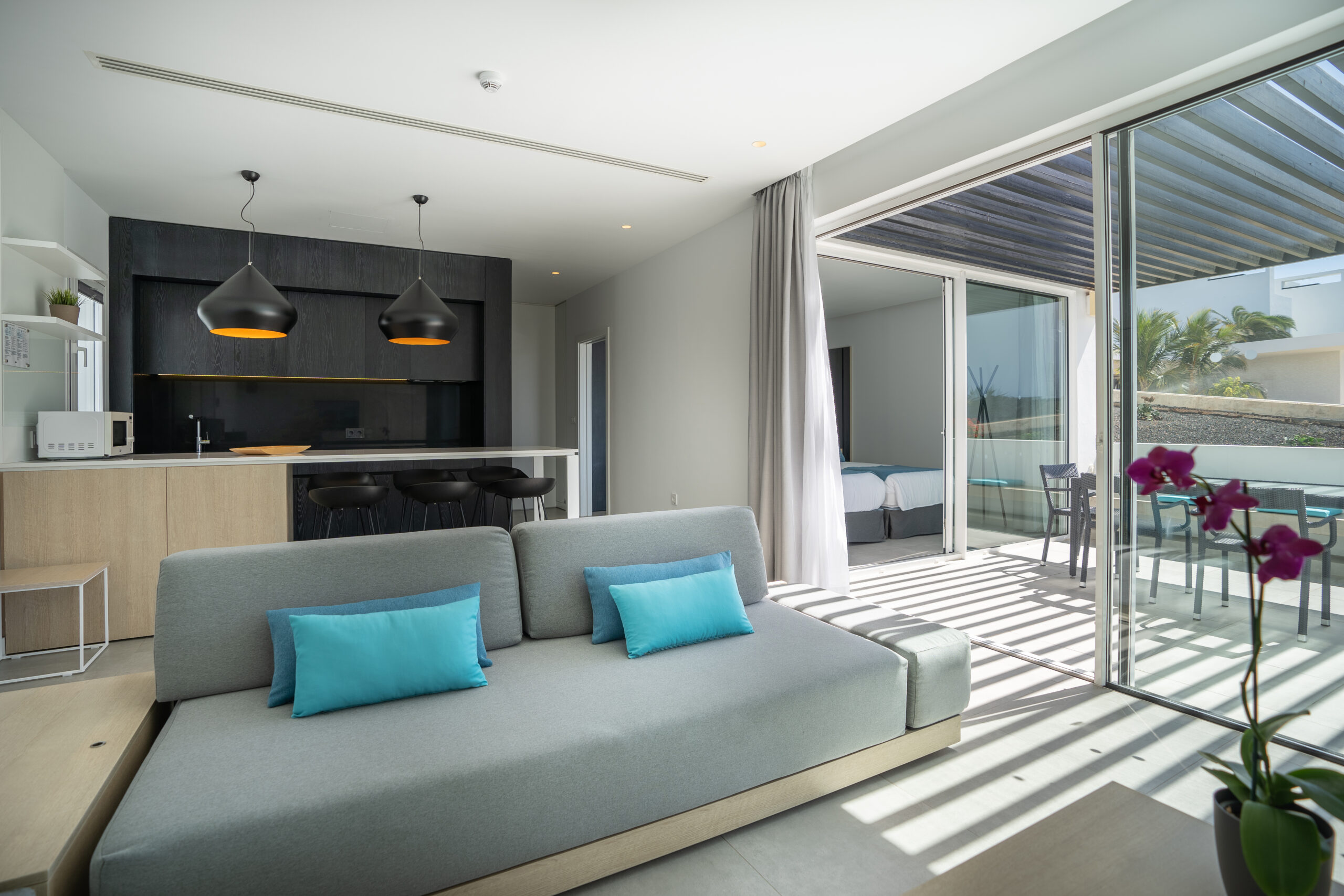 The living room of the 2 bedroom 2 bathroom suite with a view at Club La Santa.